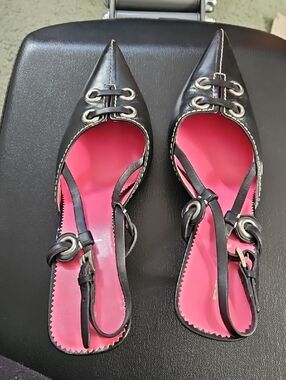 Prada Black Pointed Slingback Flats with Pink Insole